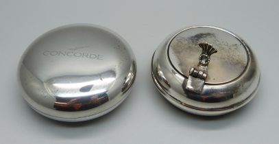 A lidded ash tray/pot, marked 925, and a circular lidded pot marked Concorde