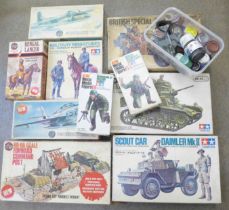 Ten vintage Airfix and Tamiya military model kits, BAC Strikemaster, F-84 Thunderstreak, British