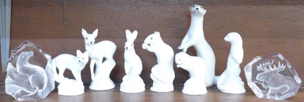 A collection of Crown Staffordshire animals, squirrel a/f (cracked), a USSR model stoat and two