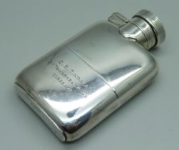 A small silver spirit flask, engraved 'C.E. Tindall, 3A Townsend Road, Wisbech', London 1922, 92g,