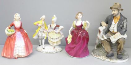 Four figures, Royal Doulton HN1537 Janet, Petite Ladies Renaissance Kathy, German figure group and