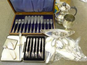 A cased set of pastry forks with silver covered handles, cased fish knives and forks, a plated water