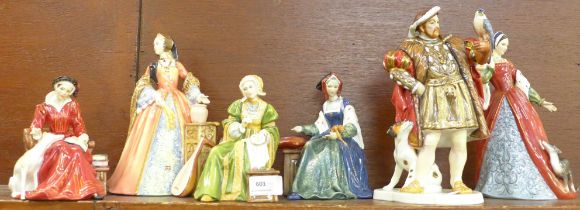 Six Royal Doulton figures, Henry VIII, HN3350, limited edition and five of his wives, Anne of Cleves