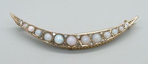 A 9ct gold, opal and diamond crescent brooch, Chester 1903, 3g, 5cm