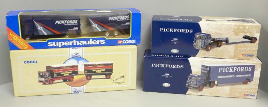 Four model vehicle sets, three Corgi Pickfords and one Houseman Haulage