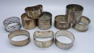 Ten silver napkin rings including two pairs, 339g