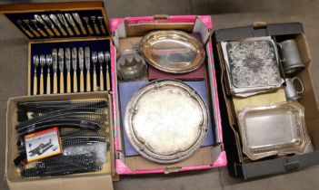 A box of Pendragon silver plated table mats, four boxes plus six loose coasters, a cased set of