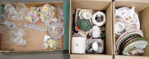 A box of mixed china, collectors plates, Colclough part dinner service, a box of posy ornaments
