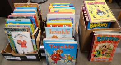 Three boxes of children's annuals and publications including The Broons and Oor Wullie, Twinkle, The