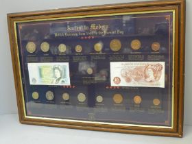 A framed coin display, British currency from 1551 to the present day