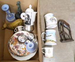 Three RAF mugs, four plates including Royal Crown Derby Olde Avesbury, Wedgwood Jasperware