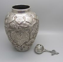 A Persian-Iranian white metal vase with bird detail, mark on the base, and a Herbertus Hooijkaas