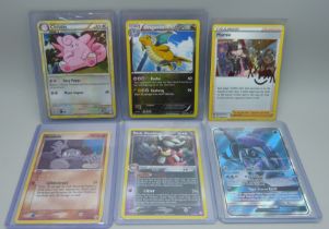 Six holographic Pokemon cards including vintage with promos, including 2004 dark slow king, etc.