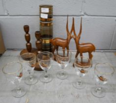 Six game bird drinking glasses, a retro glass vase, a pair of oak candlesticks and two carved