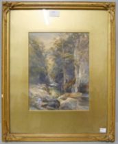 A framed watercolour of a river scene, indistinctly signed