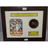 A framed cricket display, photograph and signed Morgan's cricket ball by Shane Warne, 'The World's