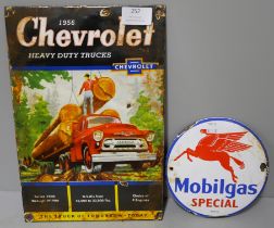 Two enameled advertising signs, Mobil and Chevrolet