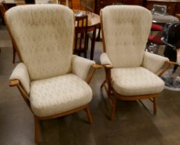 A pair of Ercol Blonde beech Evergreen armchairs. Purchased by the vendor from Hopewells, Nottingham