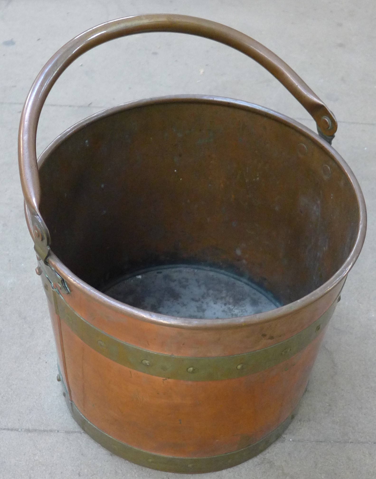 An Islamic brass topped occasional table, a copper and brass coal bucket and a leather Gladstone bag - Image 5 of 5