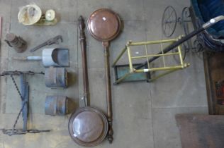 A brass stick stand, warming pans, weighing scales, etc.