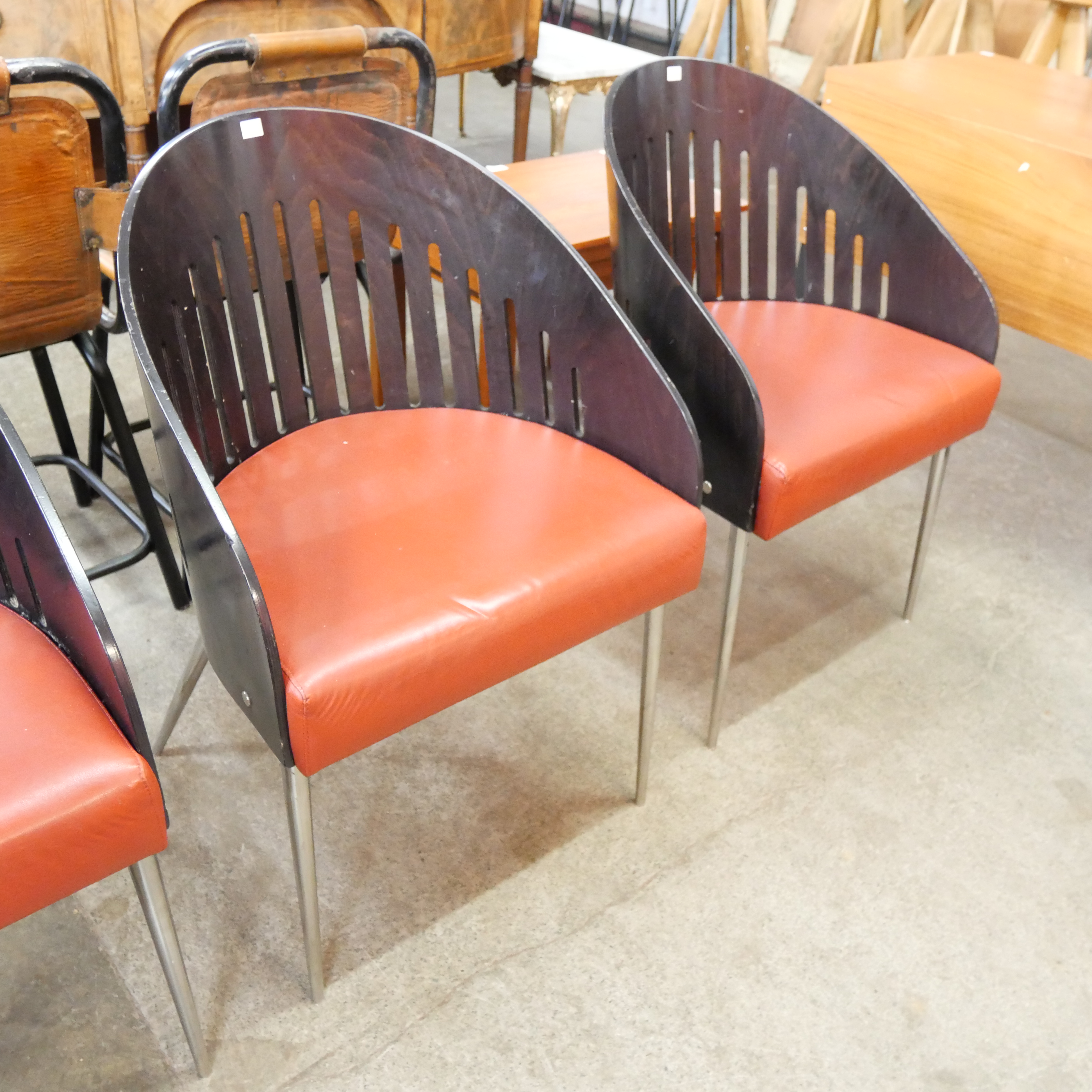 A set of three Phillipe Starck style bent plywood and red vinyl chairs - Image 2 of 3