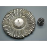 An embossed Ottoman silver dish and an embossed pill box, 49g