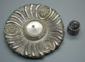 An embossed Ottoman silver dish and an embossed pill box, 49g
