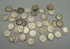 Forty silver threepence coins, assorted Monarchs, 54.9g