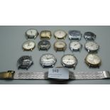 A collection of mechanical wristwatch heads including Roamer, Perona, Timex, etc.