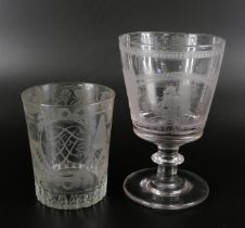 A finely engraved glass tumbler decorated with a pheasant and foliage, and a Sunderland rummer