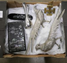 A laquered spectacle case, brassware and plated ware, etc. **PLEASE NOTE THIS LOT IS NOT ELIGIBLE