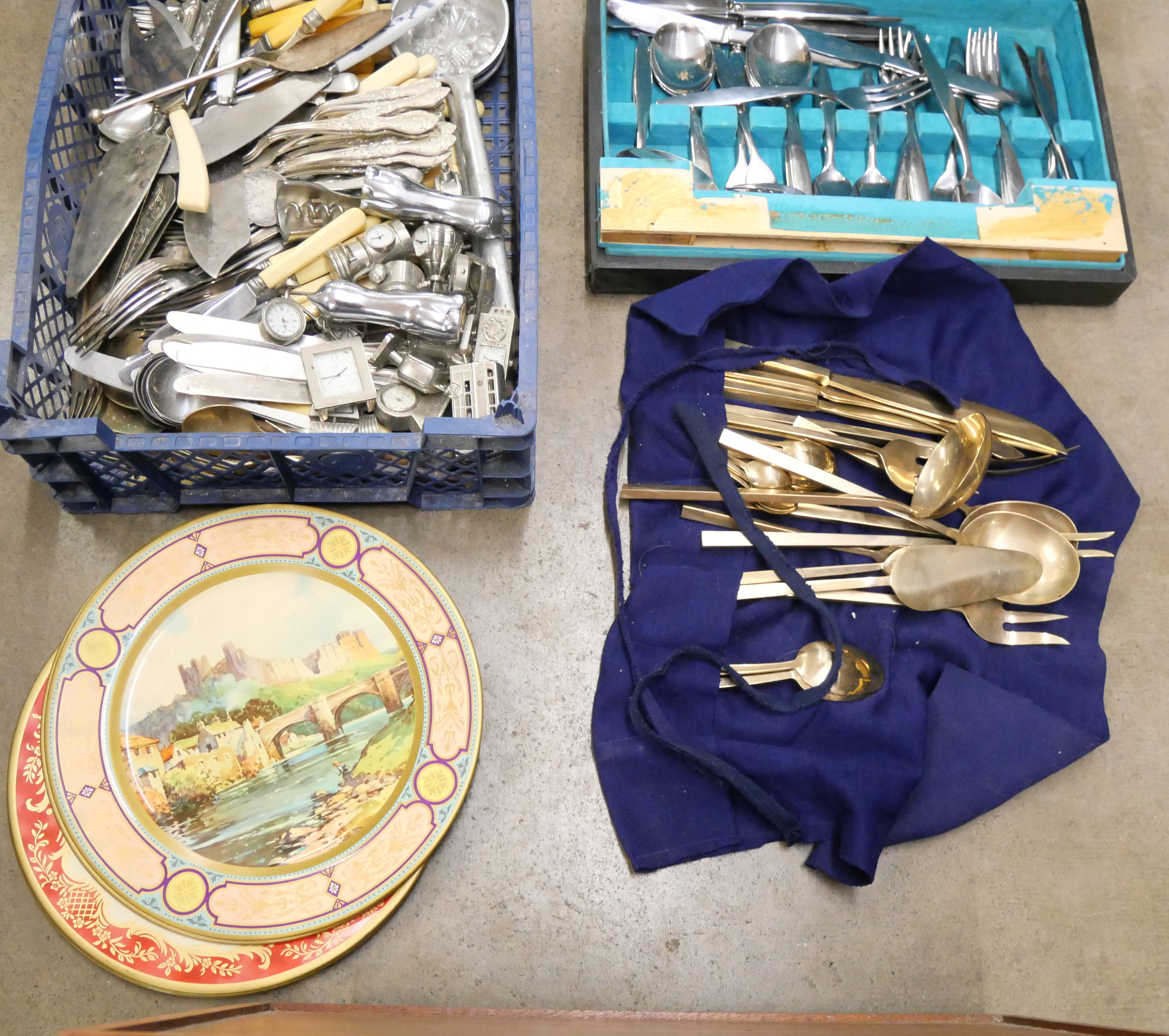 A collection of flatware, miniature clocks, tin plates and a canteen of cutlery **PLEASE NOTE THIS - Image 3 of 4