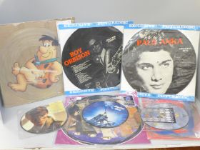 Picture disc singles and LP records, including Status Quo, David Bowie, Rogue, Phil Collins, TLC,