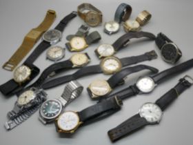 A collection of gentleman's wristwatches including Timex, Accurist, Newmark with bamboo strap,