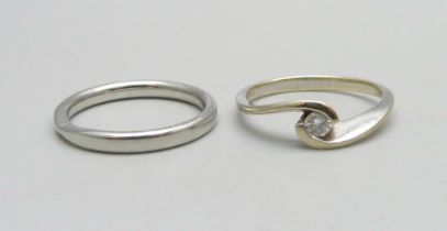A hallmarked platinum wedding ring, 4.3g, M/N, and a 9ct white gold and diamond ring, 2g, M/N