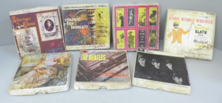 A collection of seven reel to reel tape records including two The Beatles, Please Please Me and With