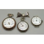 A silver trench watch, a lady's silver fob watch and a lady's fob watch on a sterling silver bow