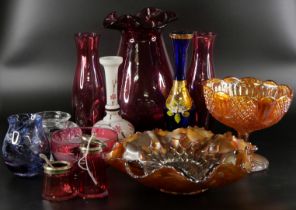 A collection of glass including Thomas Webb, carnival and cranberry glass