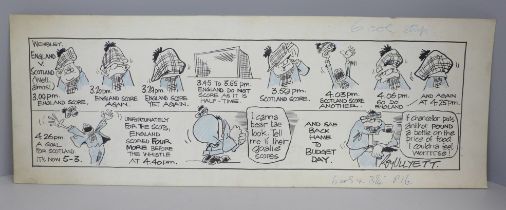 Roy Ullyett (1914-2001), football, a rare ink and blue crayon cartoon strip, 870 x 240 on art board,