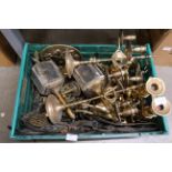 A box of brassware including a pair of candelabra **PLEASE NOTE THIS LOT IS NOT ELIGIBLE FOR POSTING