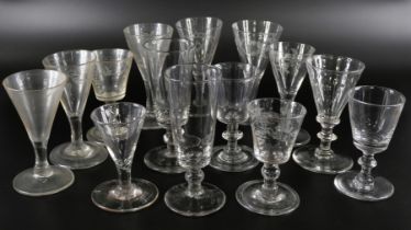 Fourteen tot glasses including miniatures, circa 1800 and earlier