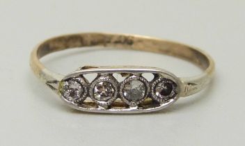 A 9ct gold and four stone diamond ring, 1.0g, M