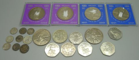 Six £5 coins, six 50p coins and other coins with silver content including 3d and 6d