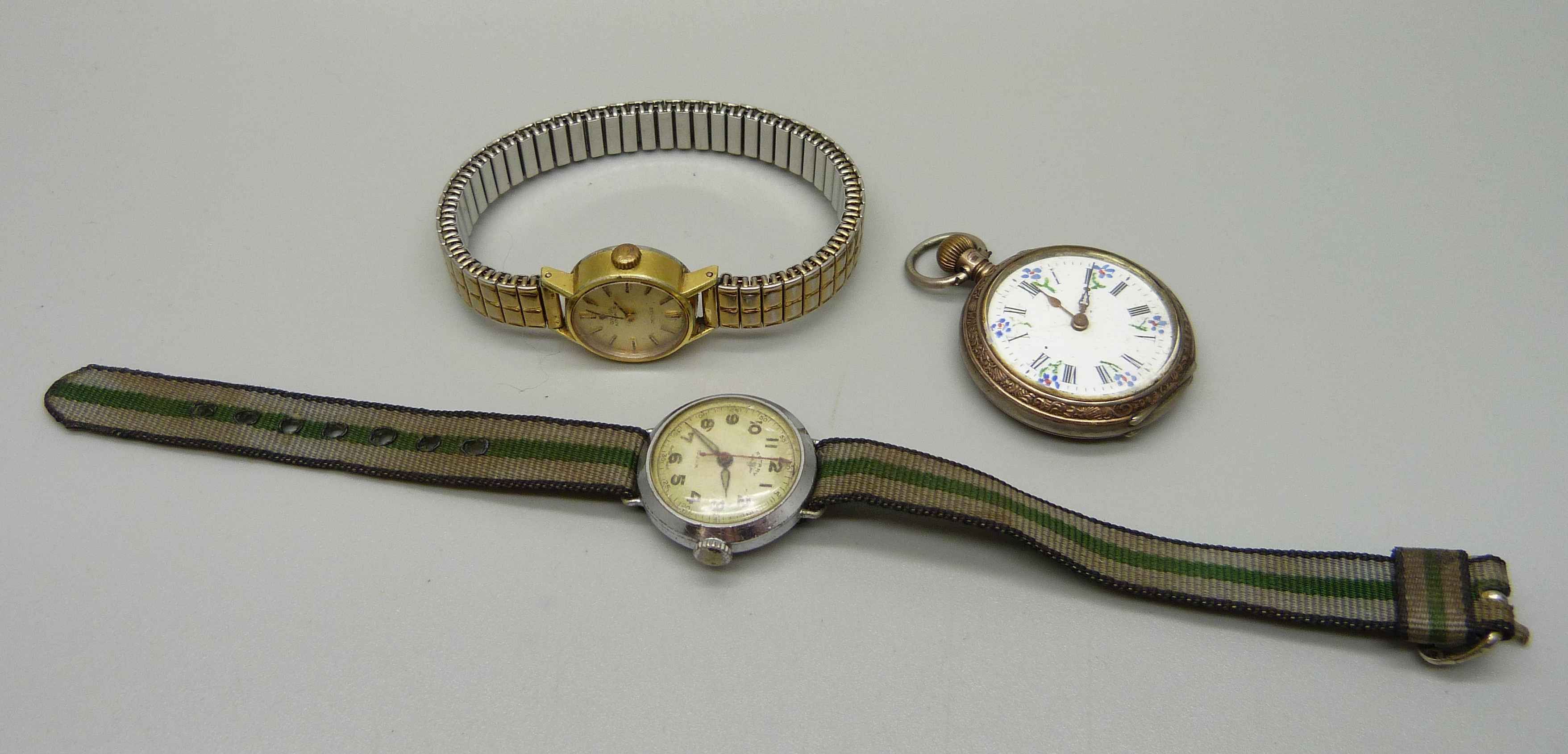 A lady's .800 silver pocket watch, a lady's Omega DeVille automatic wristatch and a lady's Rotary