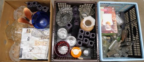Three boxes of mixed glass including drinking game shot glasses, coloured glass vases, etc. **PLEASE