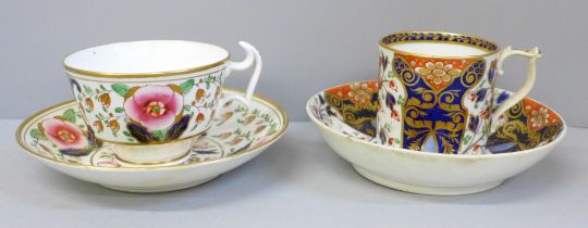 A Crown Derby Imari cup and saucer and a Swansea cup and saucer, saucer a/f