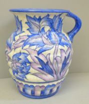 A Crown Ducal Charlotte Rhead pitcher/vase blue peony pattern, base with star crack, 20cm