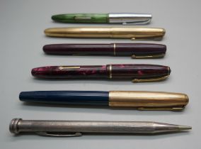 Two fountain pens with 14ct gold nibs, Conway 15 and Waterman's W2, two Parker pens, one other and a