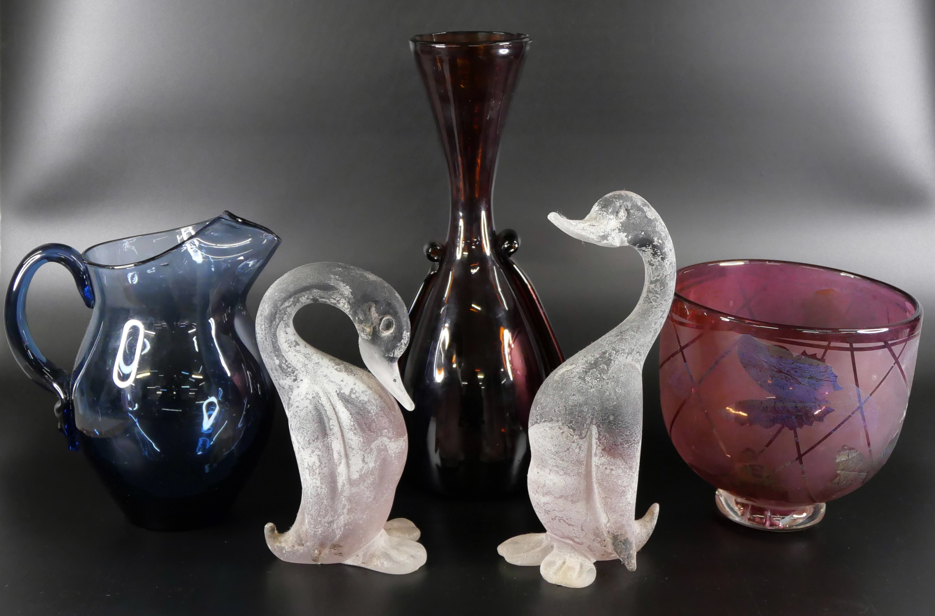 A group of glass; two ducks and three mid-20th Century pieces of art glass