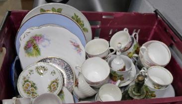 A box of assorted china, Meadowside, Royal Norfolk, Country Roses, Bell, etc. **PLEASE NOTE THIS LOT